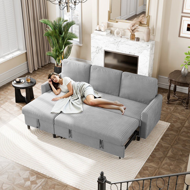 77.2" Upholstered Sleeper Sofa Bed, Light Gray Corduroy