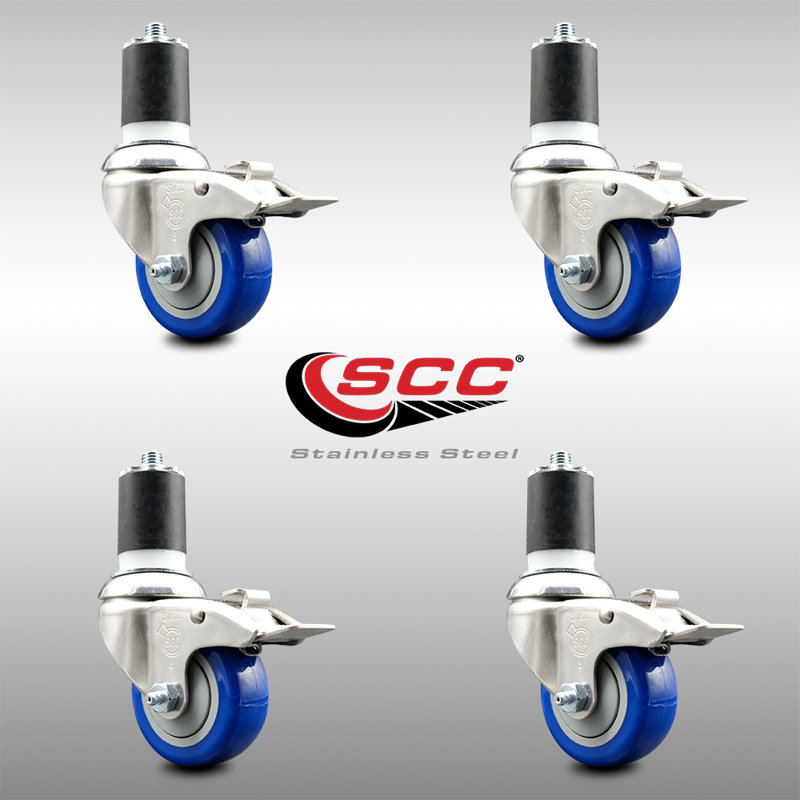 Poly Swivel Expanding Stem Caster Set Lock Brake, 3.5" H x 3.5" W, Blue