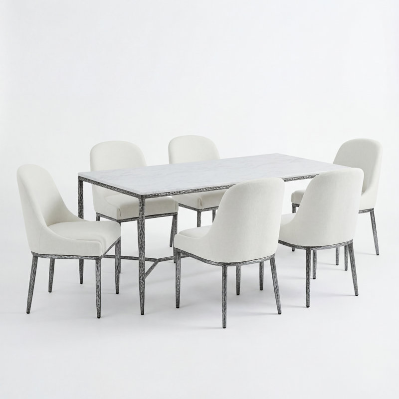  Rivet 7-Piece Dining Set With Marble-Look Table & Upholstered Hammered Iron Chairs, Beige/Forged Pewter, Forged Pewter
