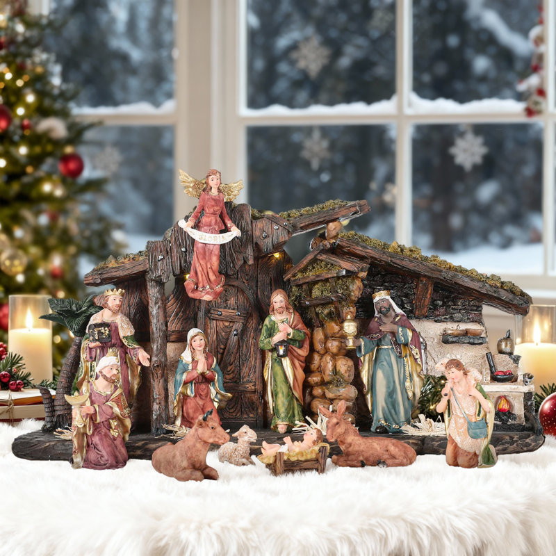 Grand ensemble de crèche de Noël 20,5 pouces 20 pièces avec lumières DEL, Brown