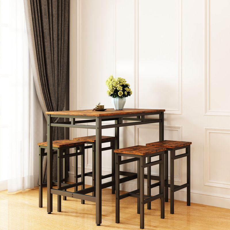 Table de bar rustique brun 5 pièces - Panneau de particules et métal, conception structurelle solide, idéale pour les petits espaces, capacité de charge de 350 lb avec tabourets hauts, fabrication industrielle, zones d'assemblage facile