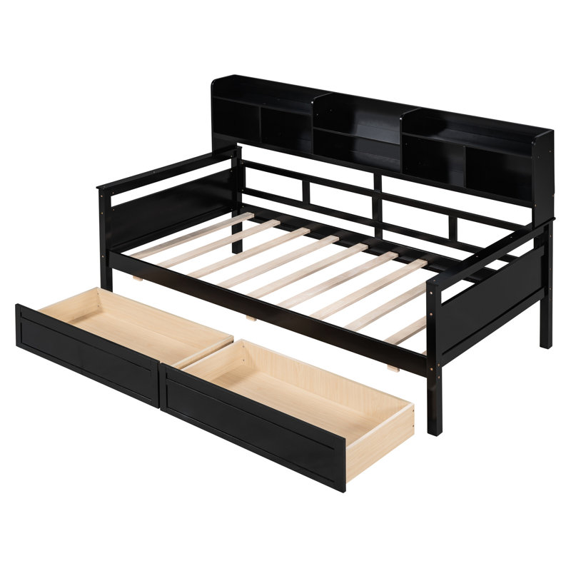 Twin Size Daybed In , With Solid Wood Slats And Functional Storage For Your Home Frame, Bedside Shelves, Two Drawer Compartments