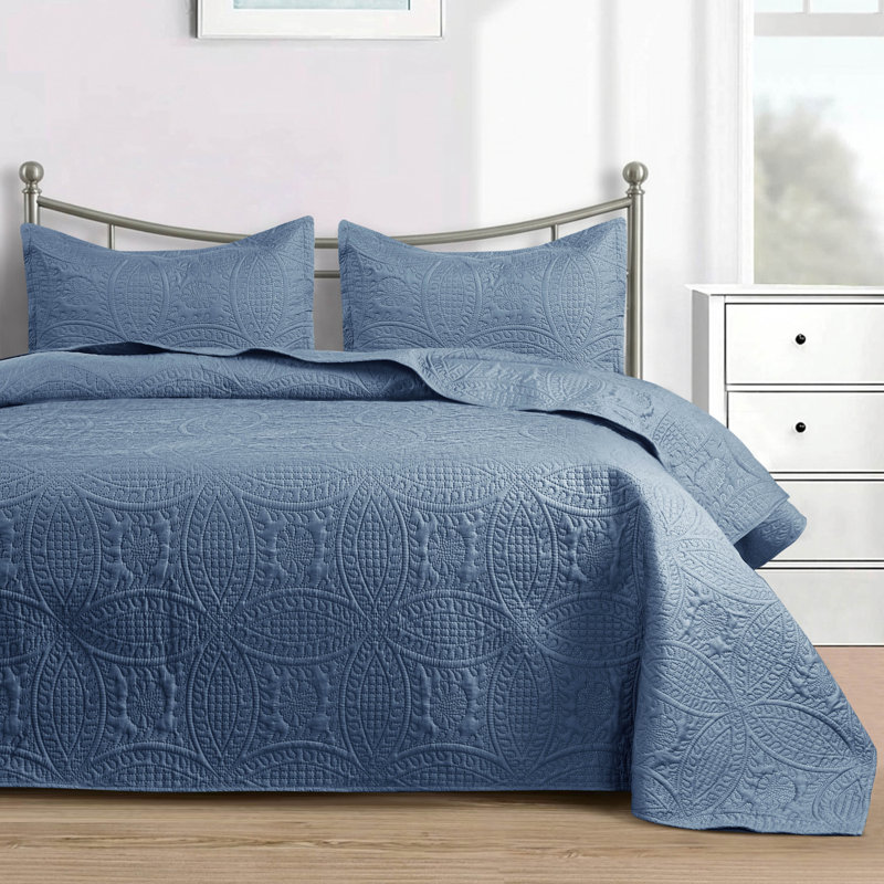 3 Piece Bedspread Set - Reversible Quilt Set - Lightweight Microfiber Coverlet for Queen King Twin, Bluish Gray
