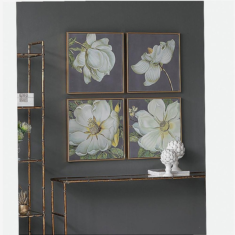 Ensemble de 4 impressions murales botaniques blanches et dorées, décor à la maison pour le salon, la salle à manger, le couloir de la chambre à coucher, 20 po x 20 po