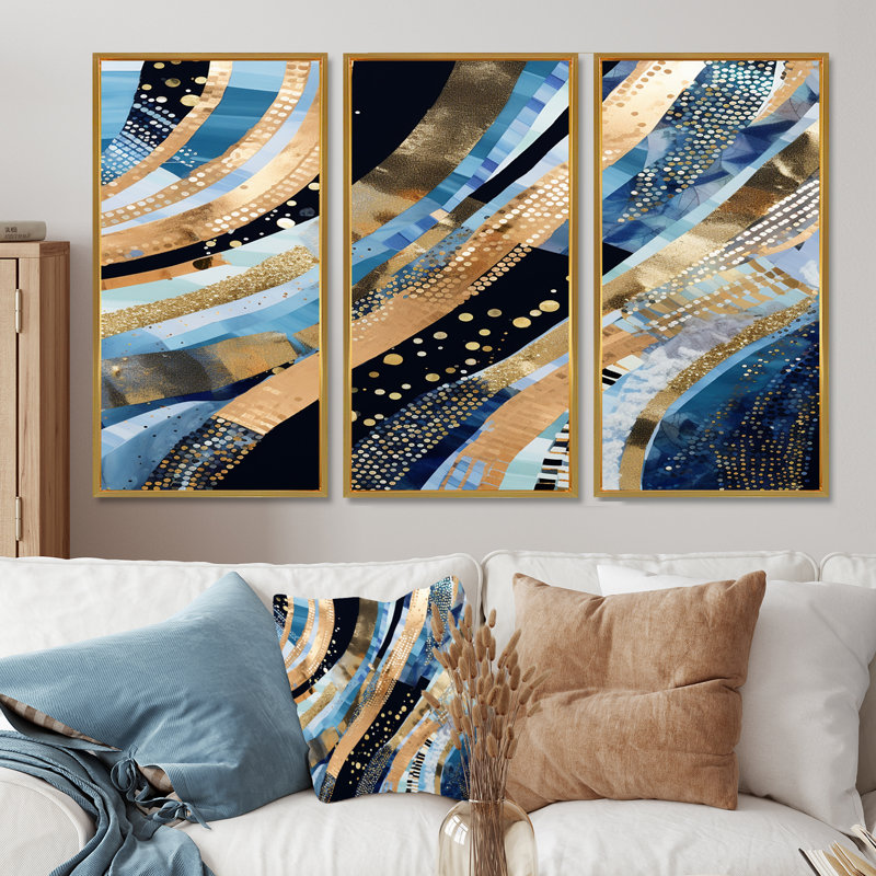 «Summer River Glam Sparkling Gold - Waves», ensemble de reproduction d'art mural, Cadre flottant doré