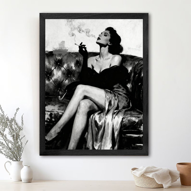 Black Framed Vintage A beautiful and sexy woman is smoking a cigar Wall Art Retro Style Framed Prints, 25" H x 17" W