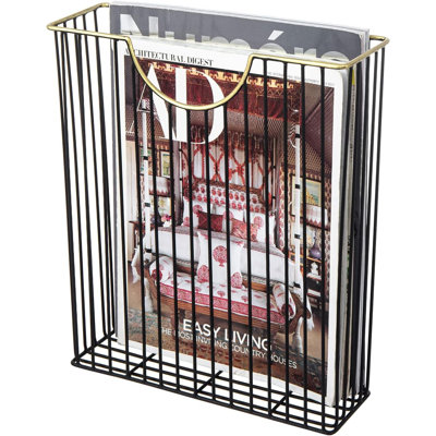Matte Black Wire Magazine Rack With Brass Edging, Art Deco Style, Wall-Mounted Mail Storage Suitable For Various Scenarios. by Latitude Run