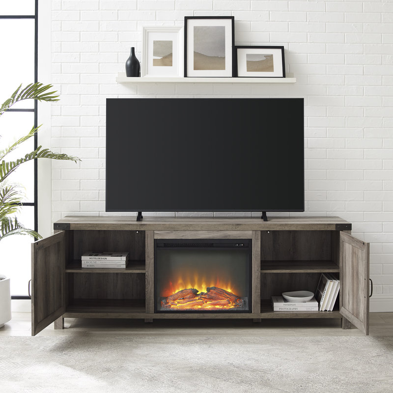 Meuble télé de 58 po avec porte de grange et foyer électrique Marckson, 70" W x 15.5 D, Gris délavé