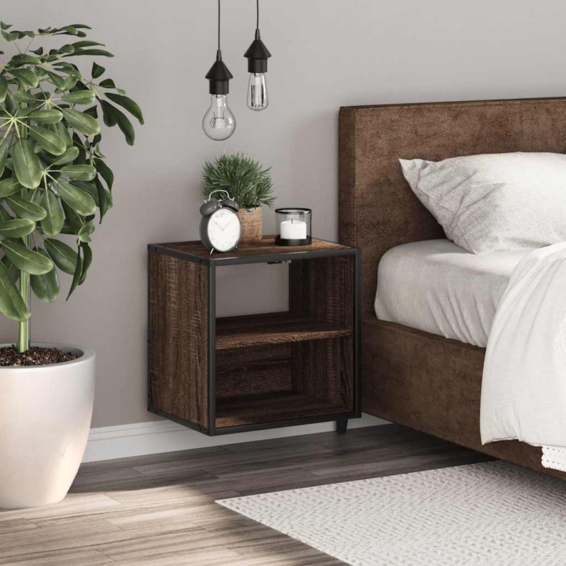 40cm W Metal Bedside Table, Brown oak, 1
