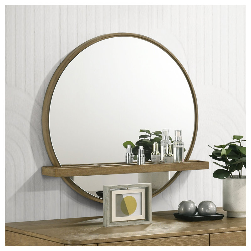 Miroir mural rond Benson Sand Wash avec tablette intégrée - Cadre en bois de 76 cm