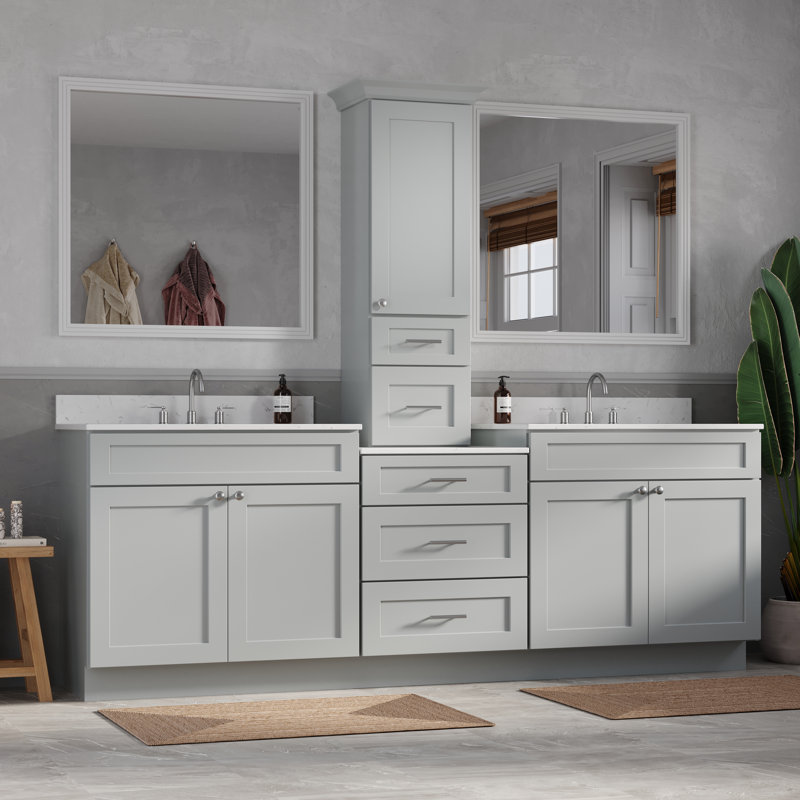 96'' Double Bathroom Vanity With Counter Top Tall Cabinet Shaker Dovetail Solid Wood Drawer Carrara Quartz Top, Gray