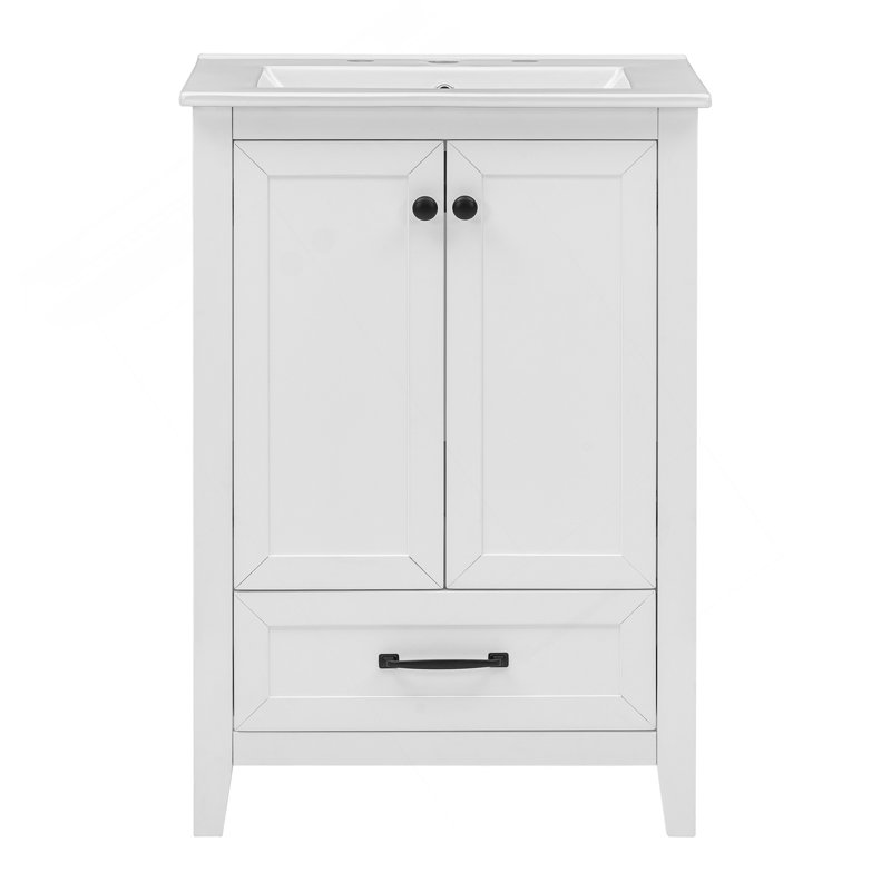 Meuble-lavabo 24 po avec évier, meuble-lavabo avec tiroir et portes, bois et panneau de fibres à densité moyenne, blanc