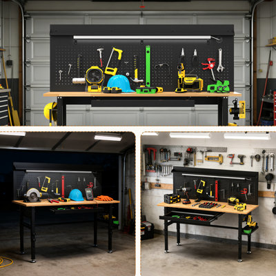 60 Solid Wood Garage Work Table, 2000 Lbs Capacity, 4 Adjustable Height Levels, Built-in Power Strip, Led Lighting, And Wheels Or Leveling Feet For Adaptable Workspace Table With Drawers, Height,