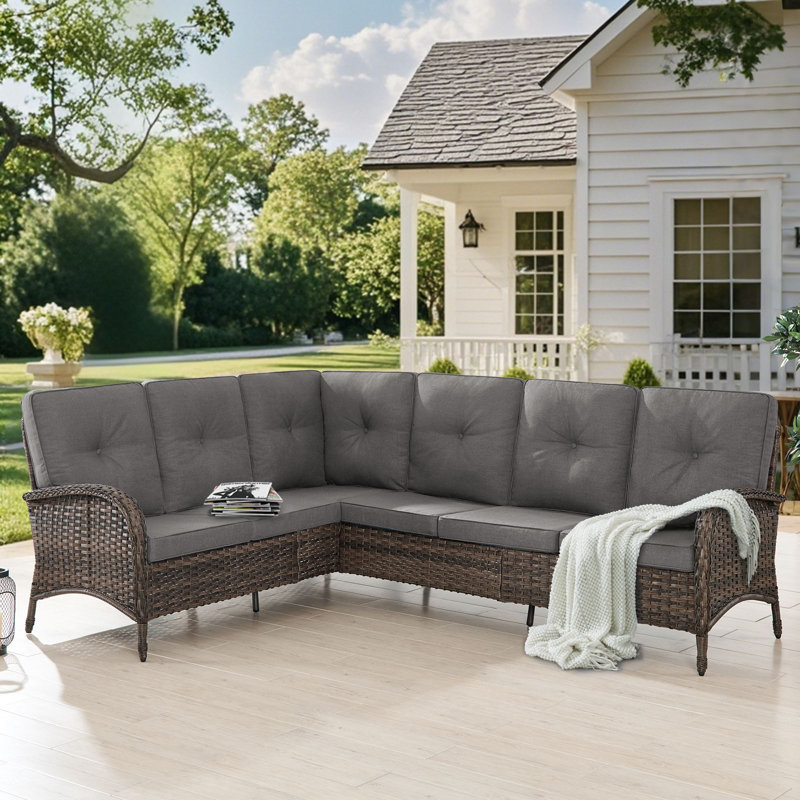  Valierius L-Shaped Outdoor Sectional Sofa Set, PE Wicker Couch With Water-Resistant Olefin Cushions, Gray