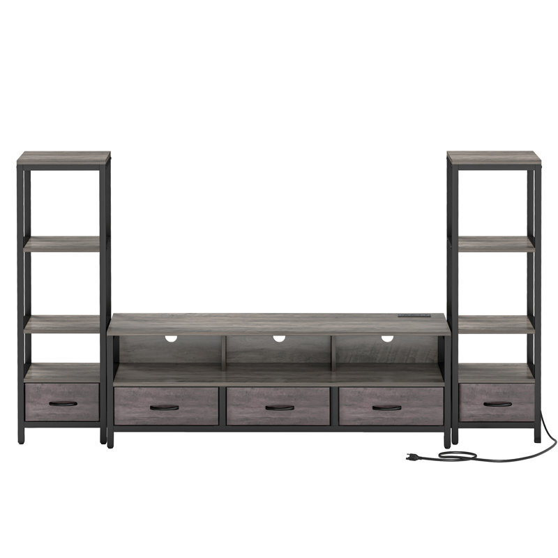 LED Entertainment Center With 2 Bookcases & Charging Ports, Gray Wood