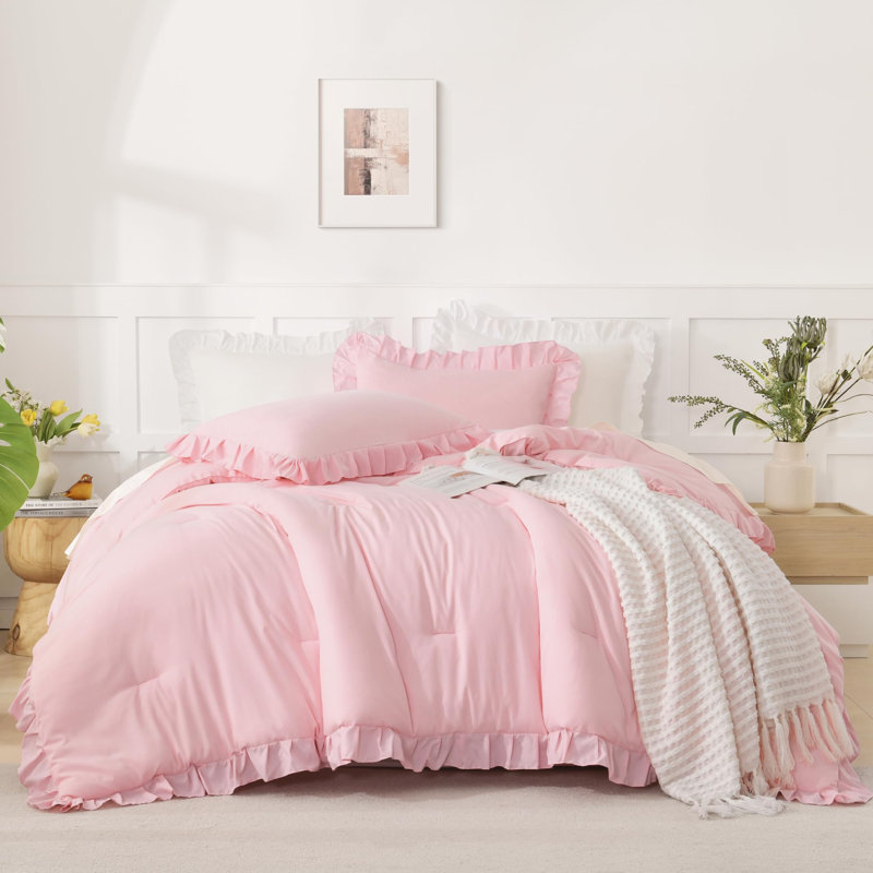 Andency Pink Comforter Set Queen Size, 3 Pieces Solid Pink Ruffle Comforter Set for Queen Bed, All Season Vintage Rustic Soft Microfiber Bedding Set for Women Girls