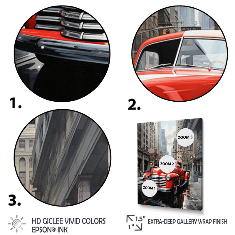 Camionnette rouge Laphonso Cityscape Hauler IV - impression, H 44 po x l 34 po x P 1,5 po, Encadrement doré