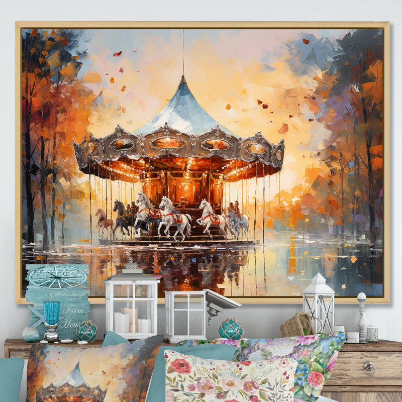 Carousel In Sunset Charm - Carrousel, reproduction sur toile, Cadre naturel flottant, H 16 po x l 32 po