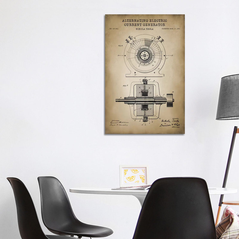 Tesla Alternating Electric Current Generator, Beige by PatentPrintStore - Wrapped Canvas Print