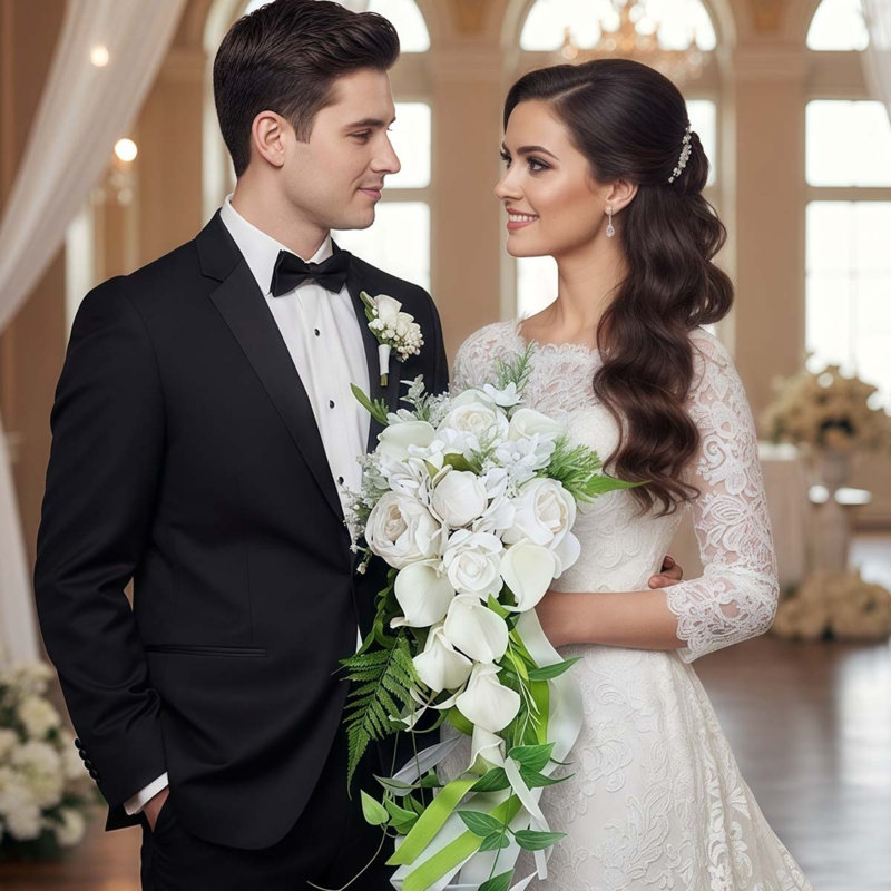 Bouquets de mariée pour la mariée, bouquets de fleurs artificielles blanches en cascade, bouquets de mariage pour la mariée, anniversaire de mariage, douche de mariage, décoration de mariage