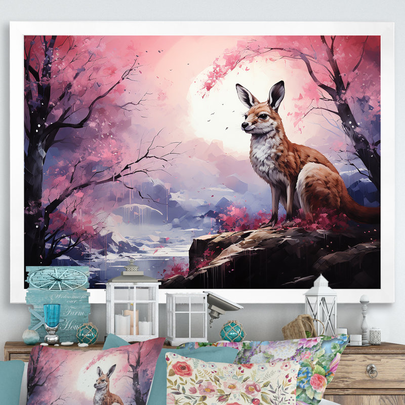 Paysage de kangourou au clair de lune sur toile, Cadre simple blanc, H 30 po x l 40 po x P 1,5 po