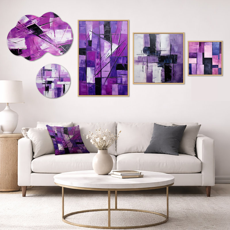 Tachisme cubique mauve brossé I - grande décoration murale abstraite, ensemble de 5 pièces en métal et toile encadrée (100 po x 40 po)