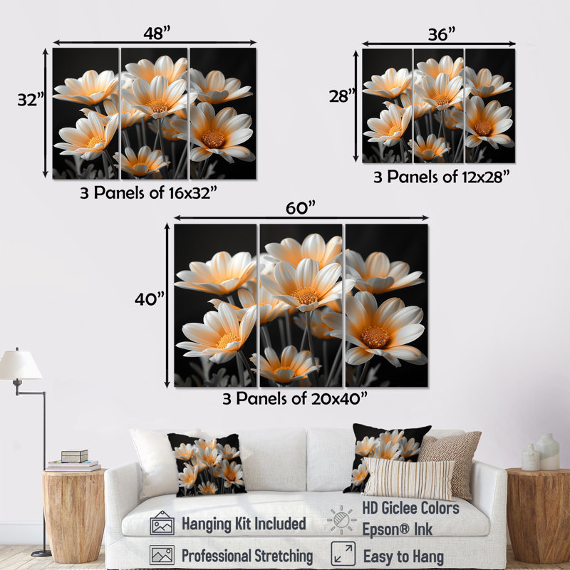 Ensemble de salon mural marguerites jaunes et noires Blowing I - Daisies, Toile tendue, H 28 po x l 36 po x P 1 po