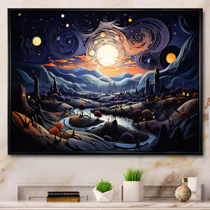 " Surrealism Dreamscapes River III ", Black Floater Framed, 34" H x 44" W x 1.5" D