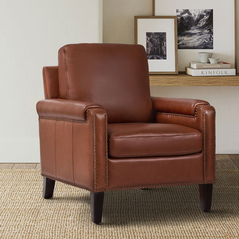 Pascarella 31.5'' Wide Genuine Leather Club Chair with Solid Wood Legs, Brown