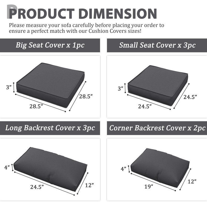 Cartert 9 Pcs Outdoor Cushion Cover Set For 3" Outdoor Cushions And Patio Furniture Cushion Covers,  Only Covers, Dark Gray