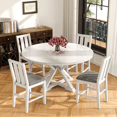 Ensemble de table de salle à manger à rallonge 5 pièces avec 4 chaises rembourrées, ensemble de table de cuisine à hauteur de comptoir ronde en bois massif et chaises, ensemble de table de salle à manger de style campagne moderne de style Mid-Century