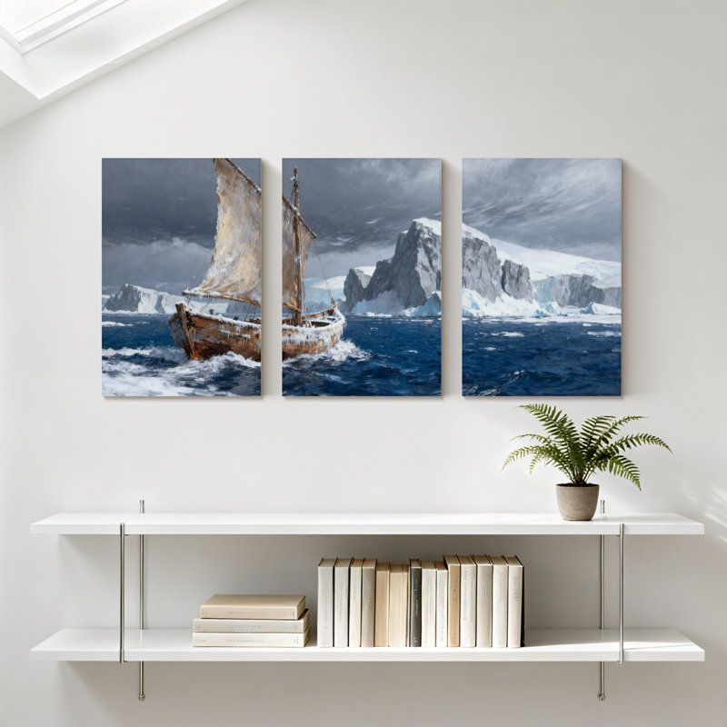 Nautique, bateau à voile, océan glaciaire, océan orageux, réflexion sur l'eau, ensemble de 3 impressions sur toile