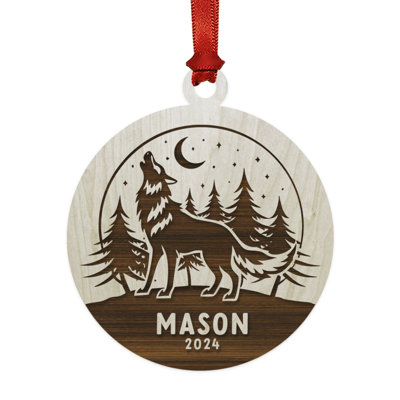 Custom Laser Engraved Wooden Wolf Ornament With Stars And Moon Christmas Keepsake With Gift Bag