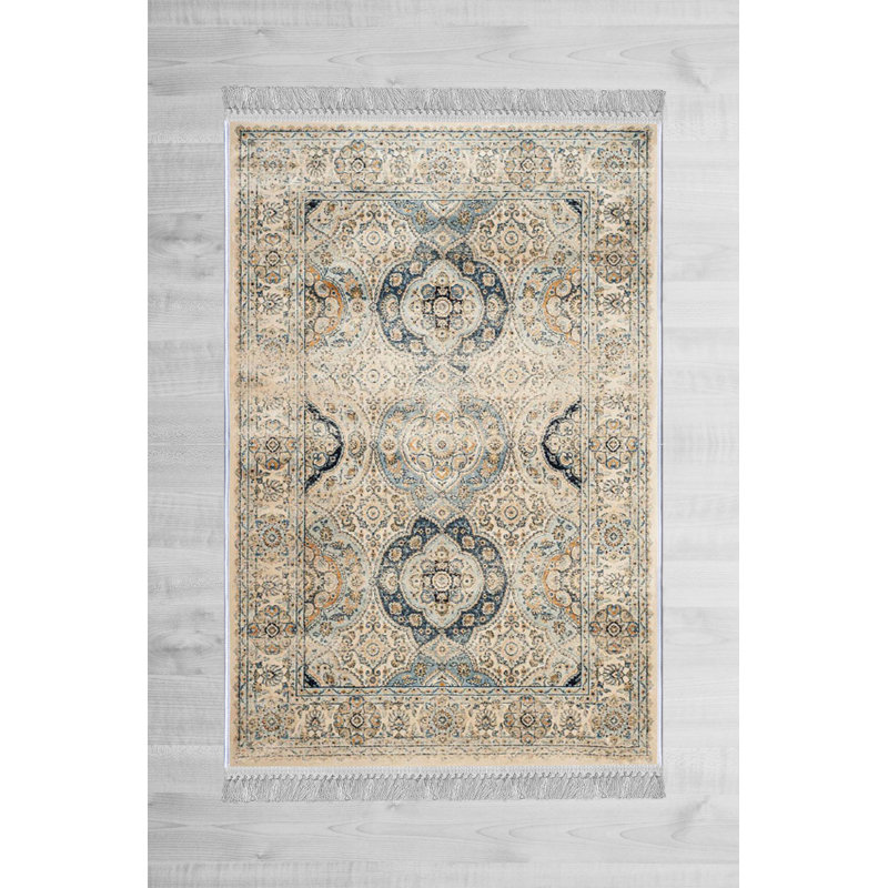 Tapis oriental ivoire / bleu Alata, Rectangle 4 pi 7 po x 7 pi 3 po