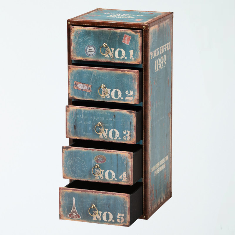 Commode d'appoint Bourbeau à finition bleue / brune avec 5 tiroirs, H 28,15 po x l 11,65 po x P 11,65 po