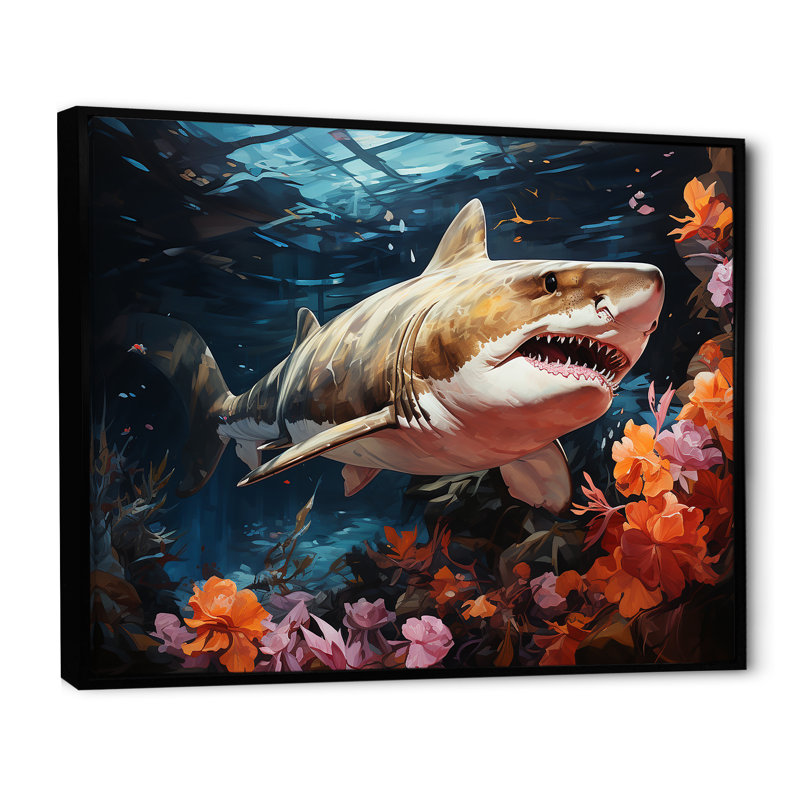 Silent Hunter Sharks Portrait II - plage et océan, reproduction d'art sur toile, Cadre flottant noir