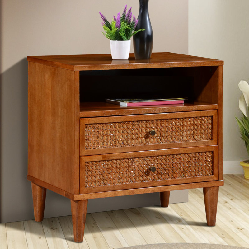 Ingraham 23.6" W Mid-Century Modern Solid Wood Cane 2-Drawer Nightstand & Open Shelf