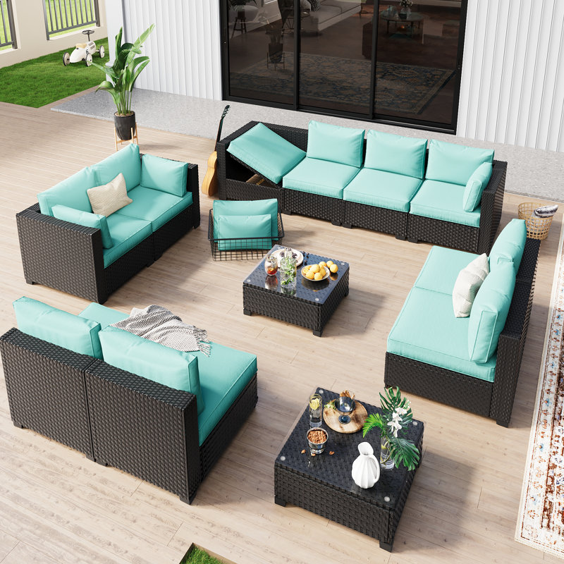 Fully Assembled Chairs, 10-Person Patio Conversation Set Black Chaise Lounge Modular Seating Outdoor Furniture, Green