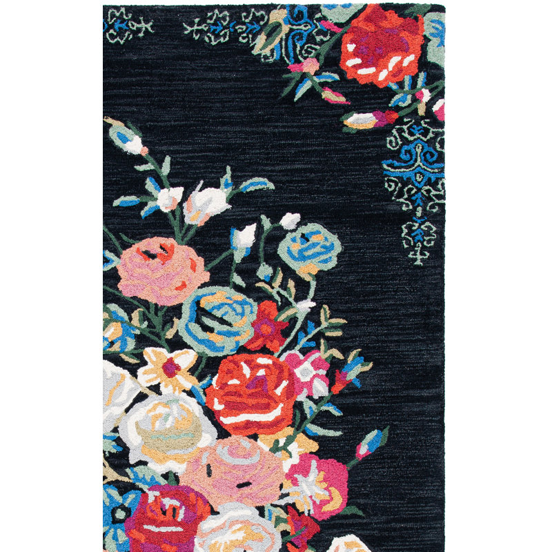 Tapis floral rouge / noir / bleu en laine / coton touffeté à la main Delmarco, Rectangle 9 pi x 12 pi