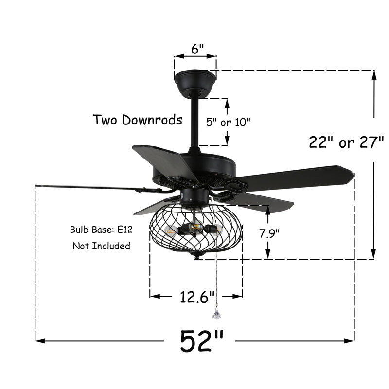 Malaptias Ceiling Fan with Light Kit, Black, 52"