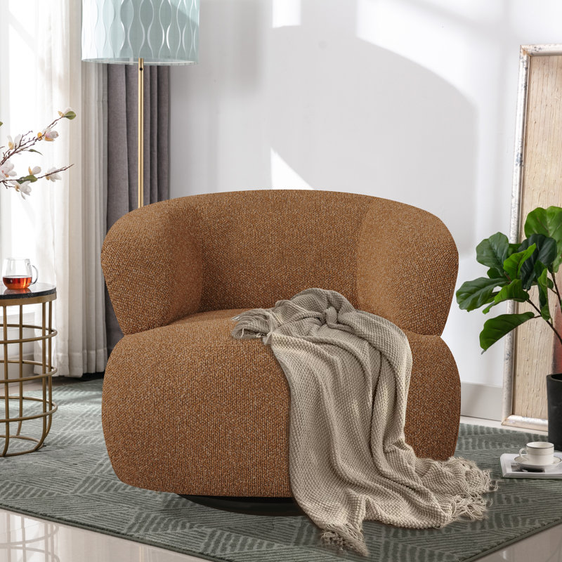 Kieon 33'' Wide 360 Degree Swivel Modern & Comfort Barrel Chair, Brown Boucle
