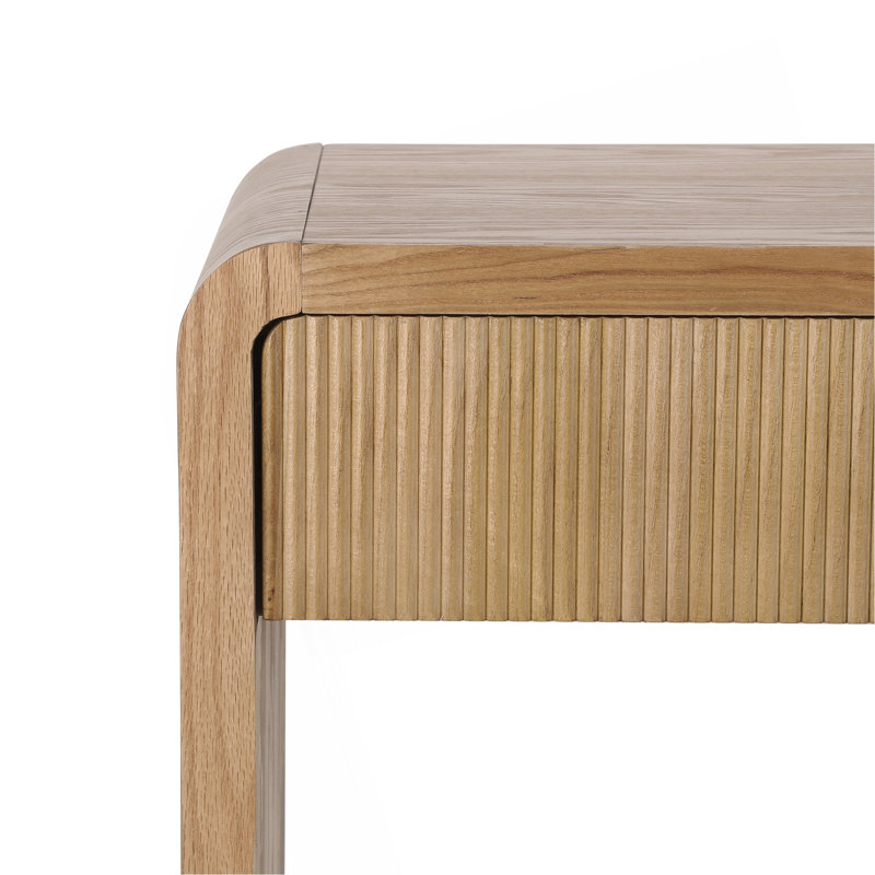Console moderne avec 3 tiroirs, lattes verticales et bords arrondis, Brun
