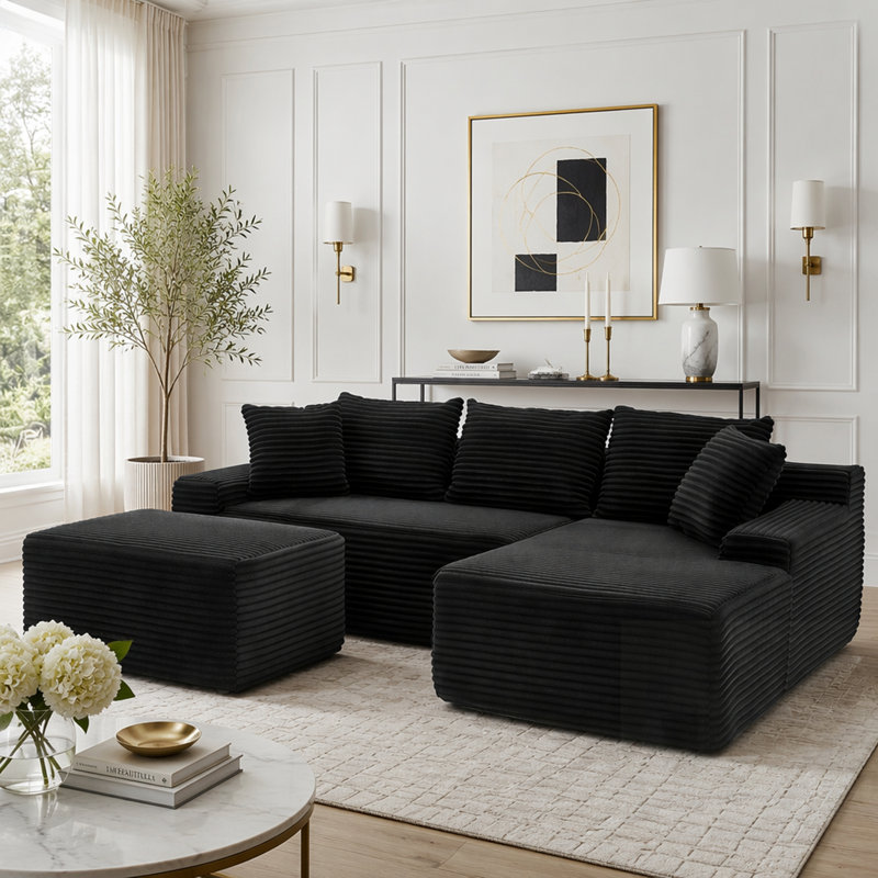 Canapé modulaire en L avec méridienne, repose-pieds et support ergonomique pour les salons modernes, Black