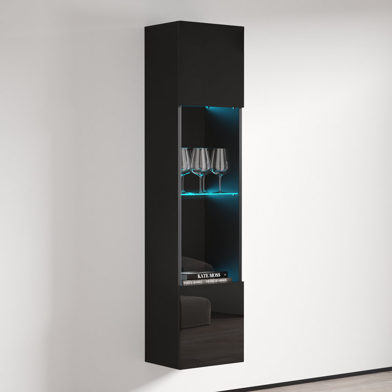 Fly 15.75" Floating Bookcase with 16-Color LED Lighting, High Gloss Finish, Black
