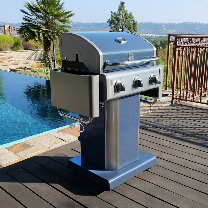 Kenmore 3-Burner Propane Gas Grill with Foldable Side Tables for Outdoor BBQ, Azure