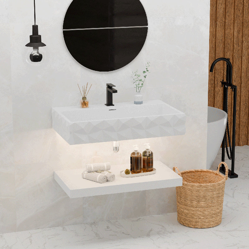 32" Modern Wall-mounted Double Bathroom Vanity With Solid Stone Resin Sink,  Led Light