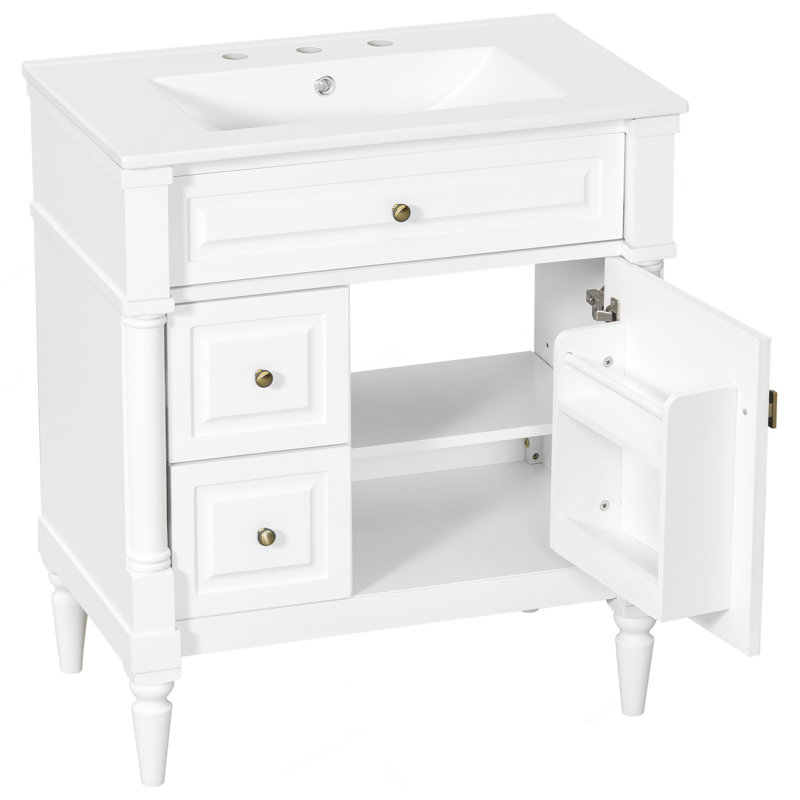 Meuble-lavabo de 30 po avec lavabo, armoire de salle de bain autoportante blanche avec tiroir rabattable et tablette réglable, structure en bois d'hévéa massif, panneaux de fibres à densité moyenne et poignées en métal
