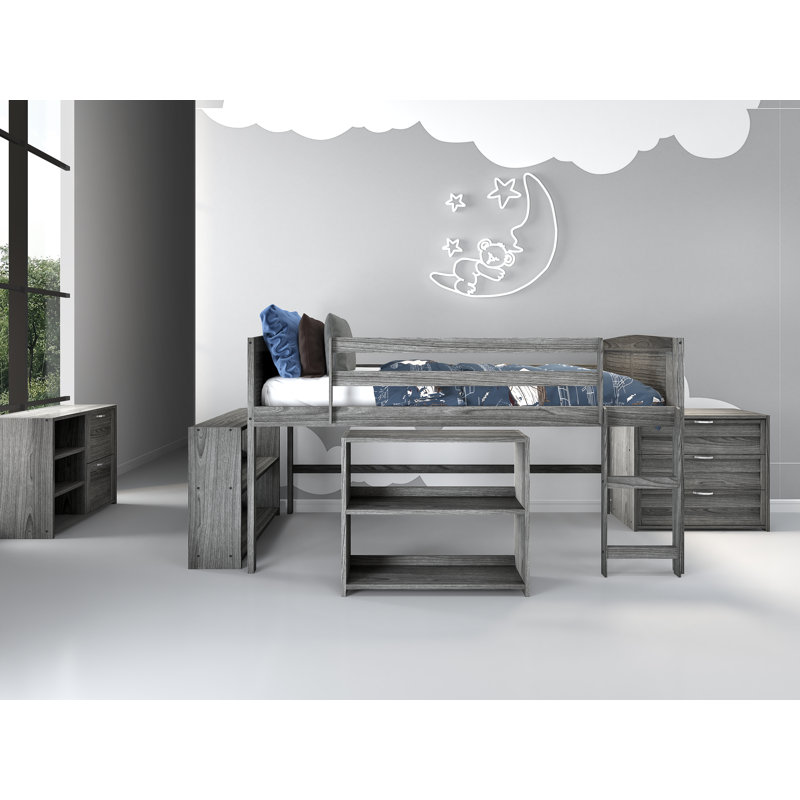 Hagen Twin Solid Wood Loft Bed with Bookcase by Sunside Sails, Antique Gray