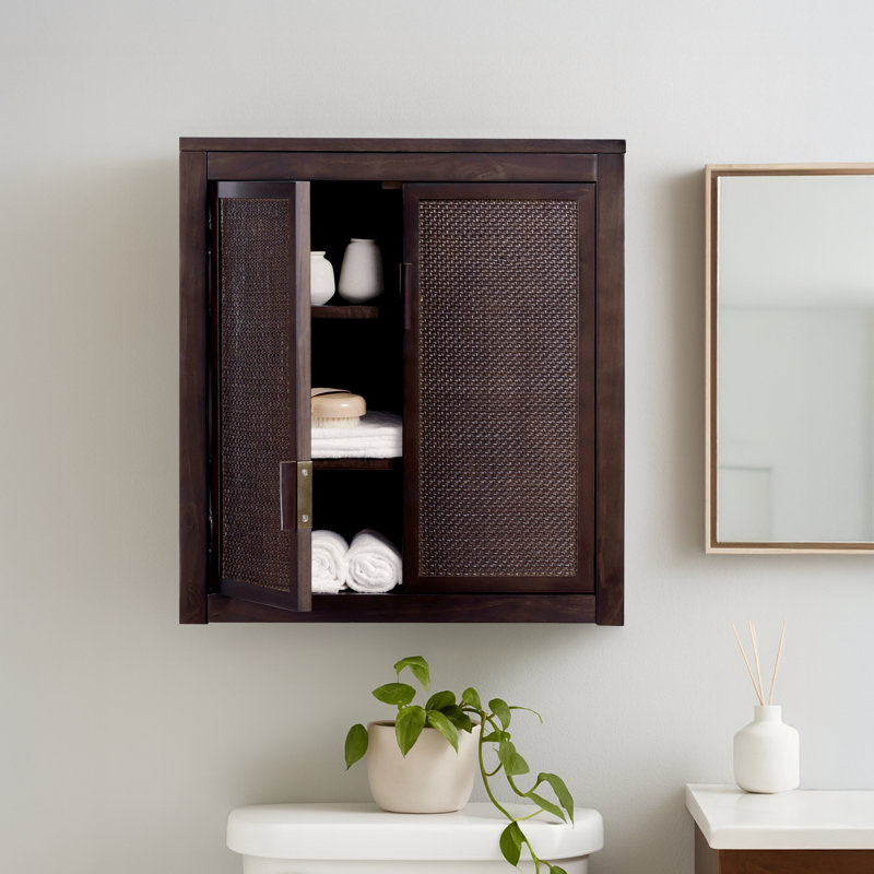 Modern Boho Over-the-Toilet Storage Wall Cabinet with 2 Rattan Inlay Doors, Adjustable Shelves & Solid Wood, Espresso