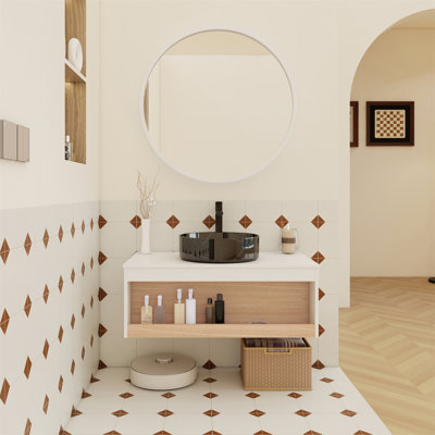 Meuble-lavabo flottant de 36 po avec lavabo vasque en marbre noir, meuble-lavabo mural avec tablette de rangement ouverte et décoration en bois